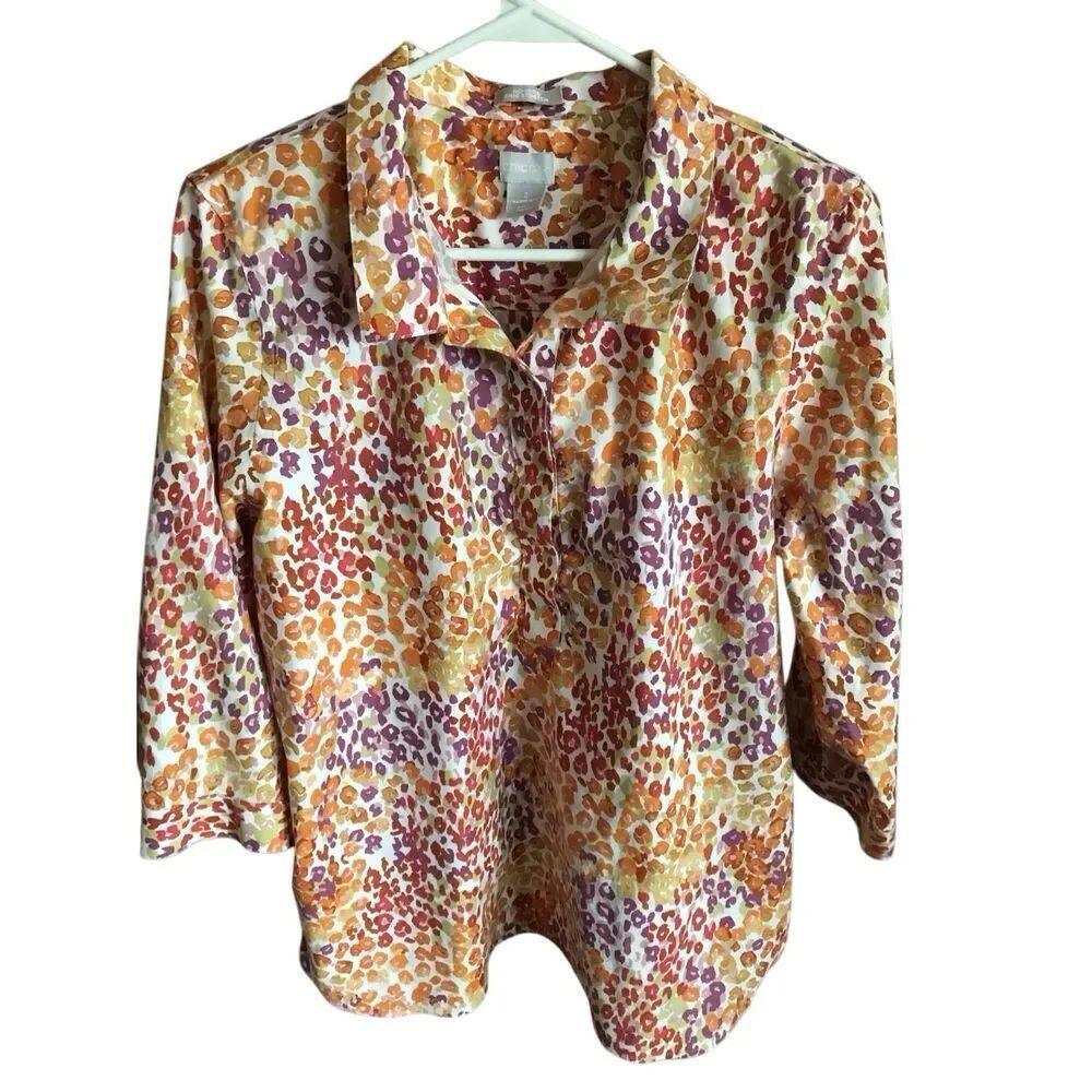 Chicos size 2 = Large orange purple leopard print blouse shirt 3/4 sleeve